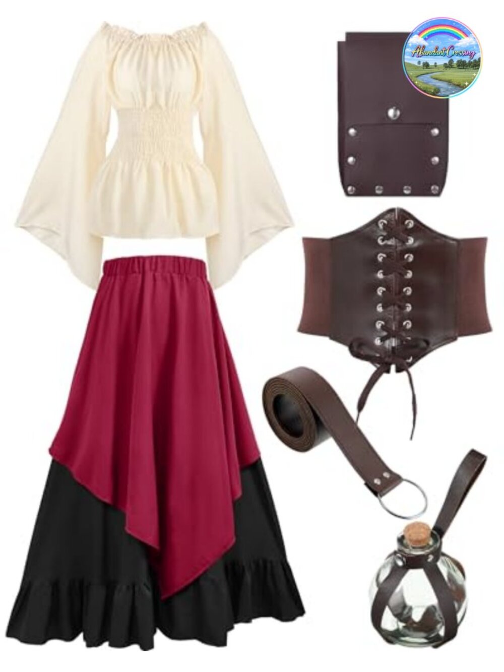 Renaissance Costume Dress Set Medieval Corset Belt Pouch Artificial Leather